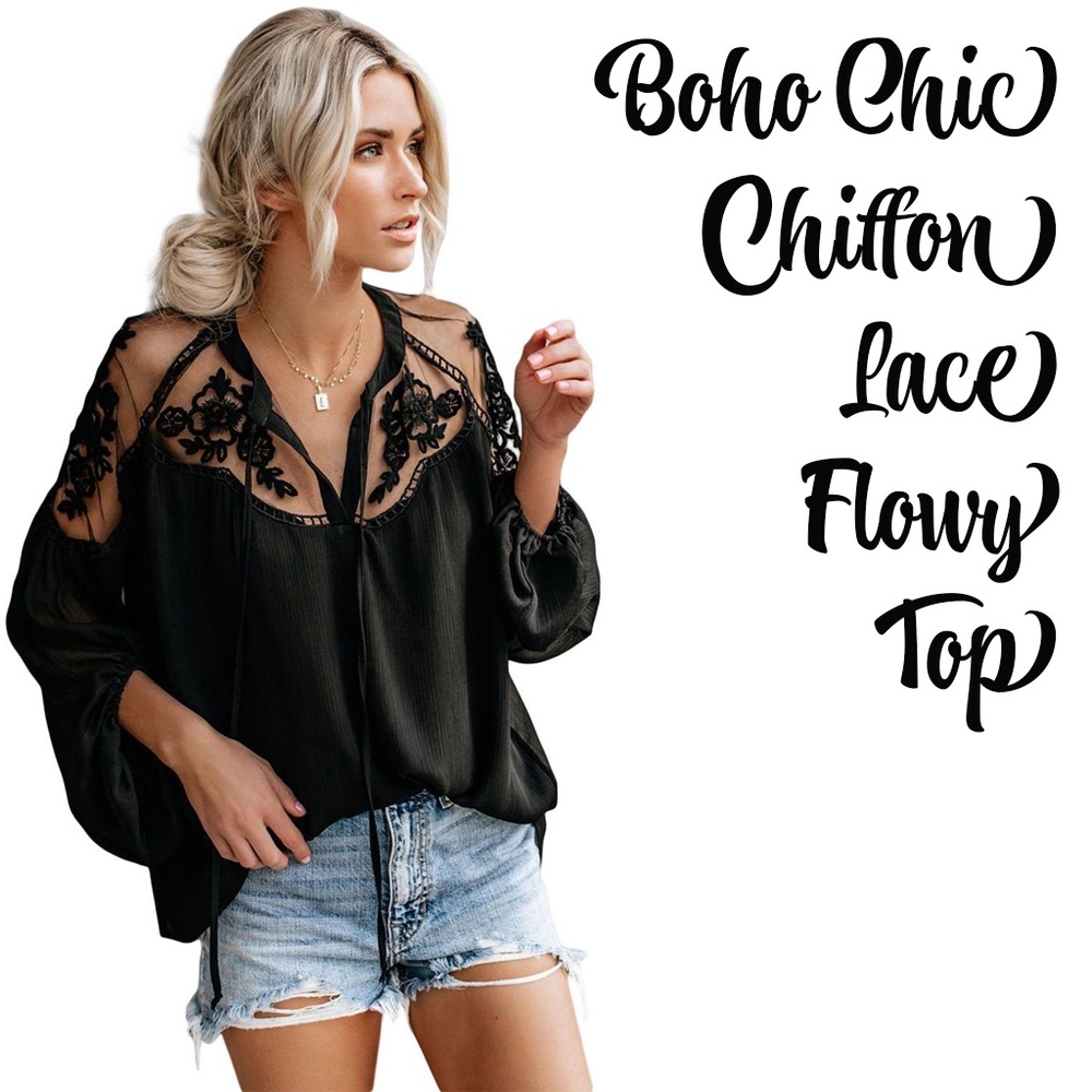 Elegant Black Lace Up Romantic Chiffon Blouse